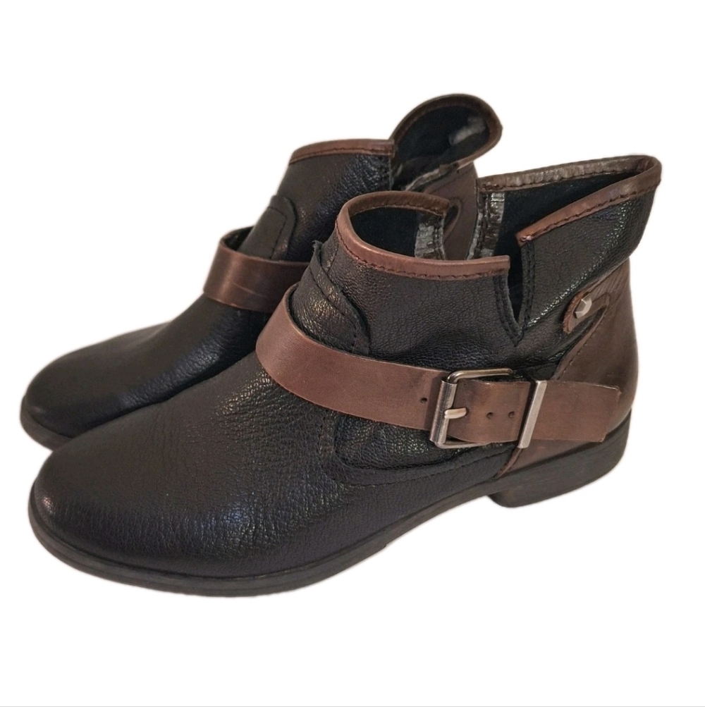 BCBGeneration Black and Brown Buckle Strap Ankle Booties